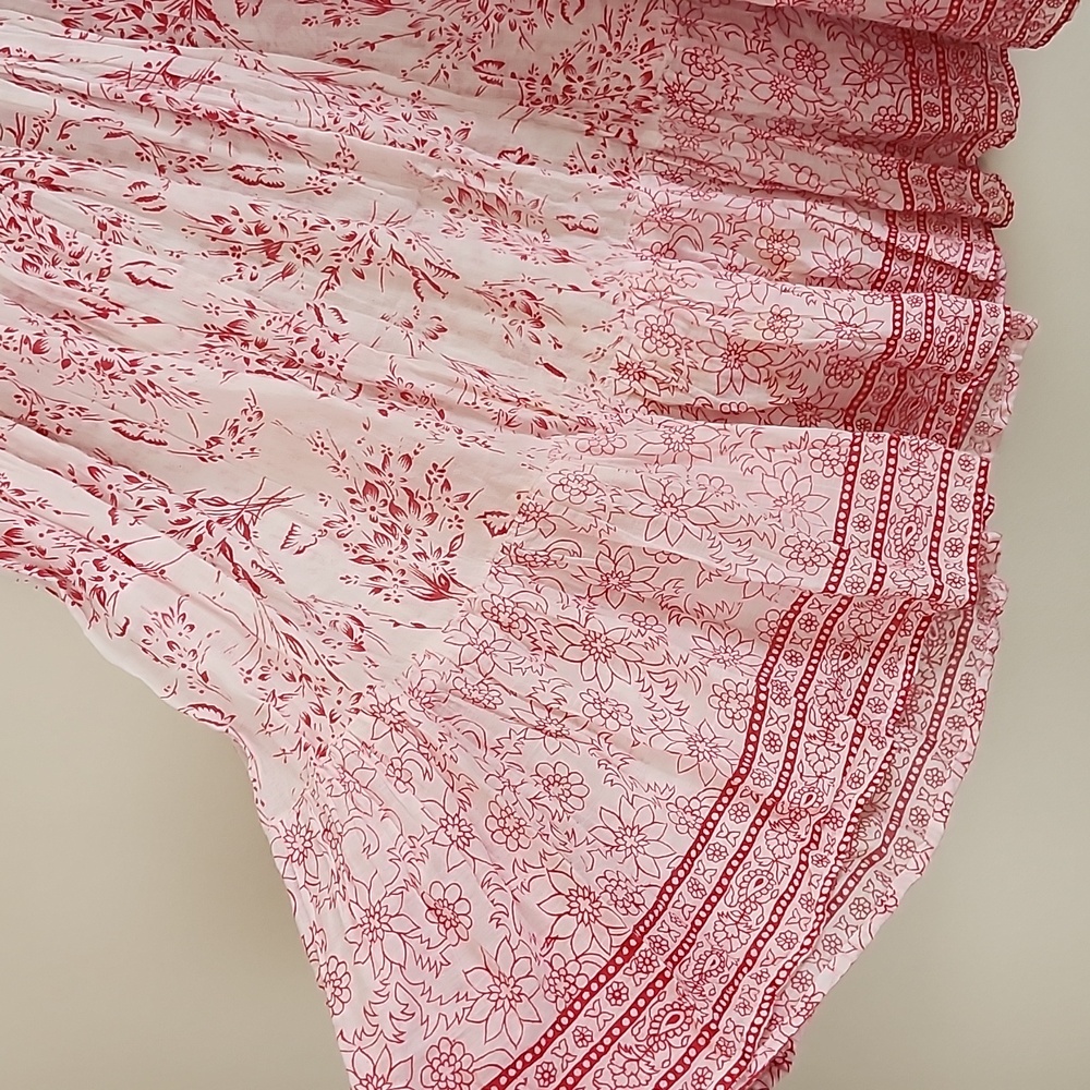 Vintage Prairie Cottagecore Feminine Midi Skirt Flowy Cotton Red White - Picture 2 of 4